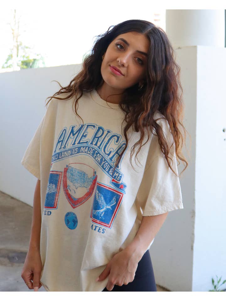 LivyLu - Wholesale Screen Printed T-Shirt - Unisex - 4th of July America Patch Off White Thrifted Graphic Tee2