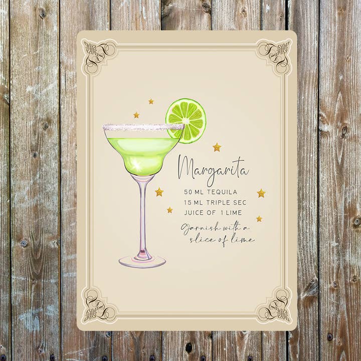 Metallschild „Margarita Recipe Cocktail Decor“ für den Großhandel von The British Metal Signs Company