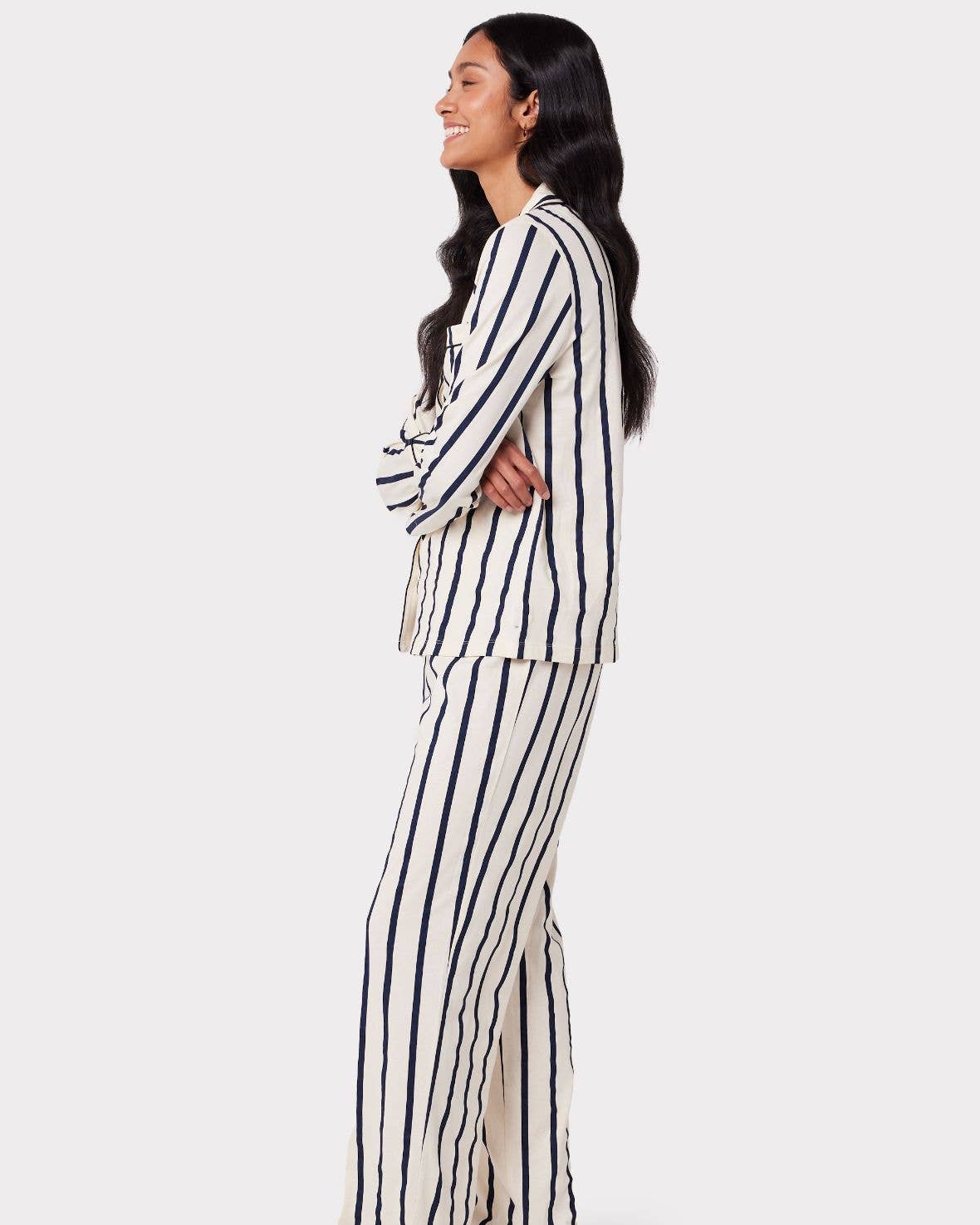 Organic Cotton Stripe Long Pyjama Set - Navy for wholesale on Faire3