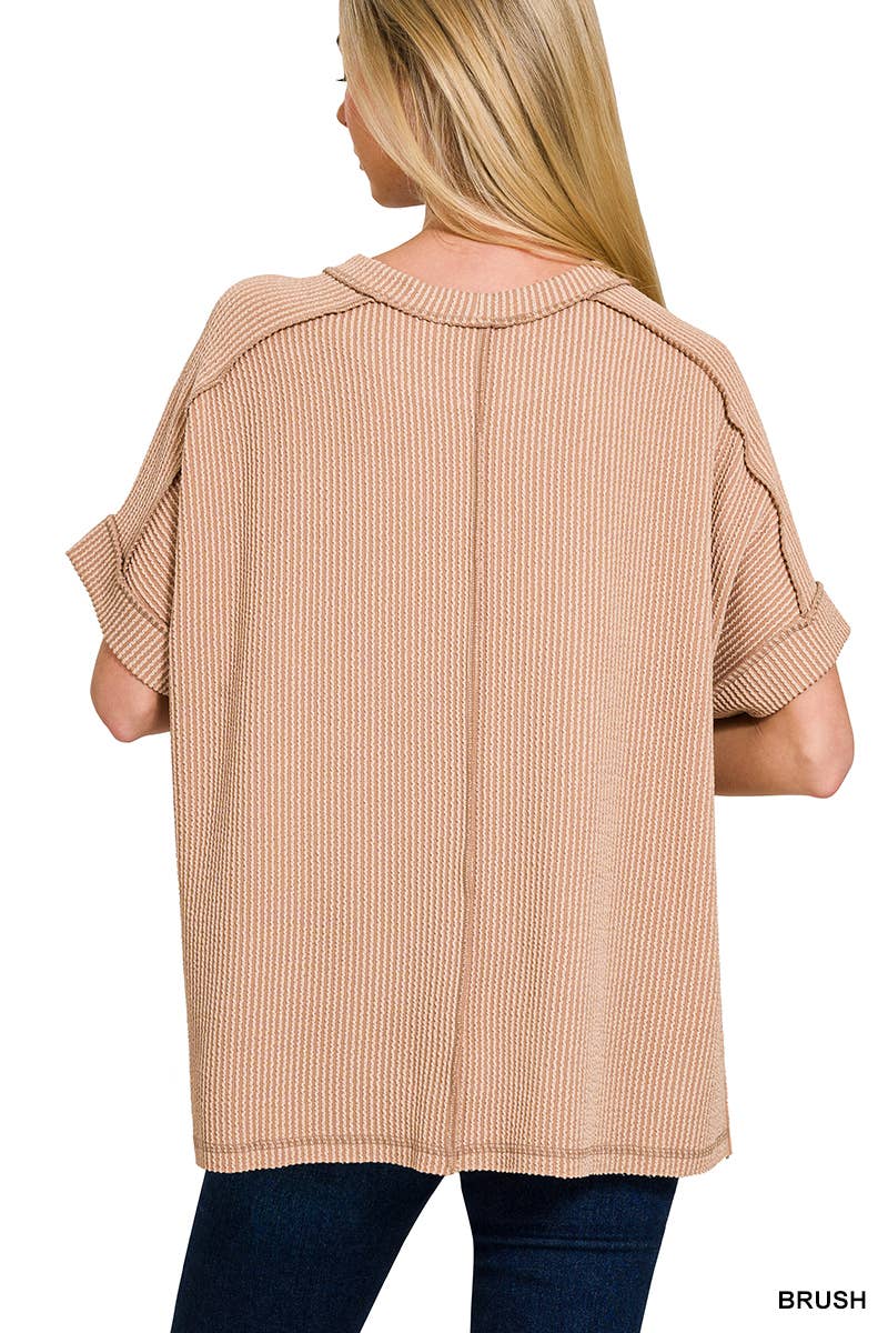 42POPS - Wholesale Knit Top - Women's - .Corded Rib Short Sleeve Raw Edge Top1
