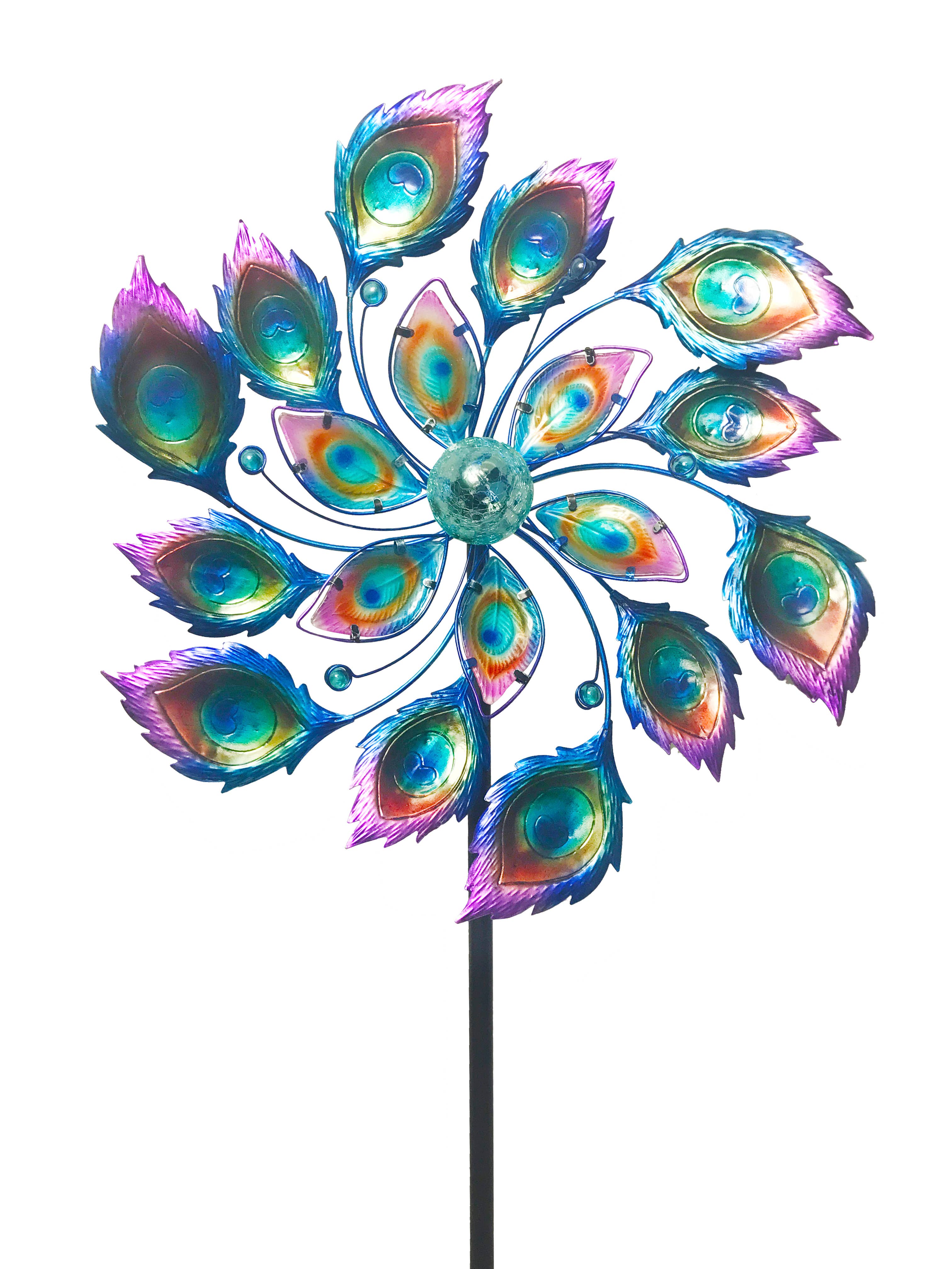 Continental Art Center - Wholesale Wind Spinner - Metal Kinetic Peacock Feathers Wind Spinner Stake