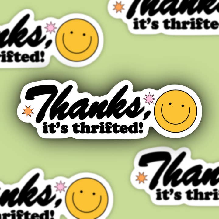 Tack, det är second hand, retroklistermärke för wholesale av Sage and Virgo