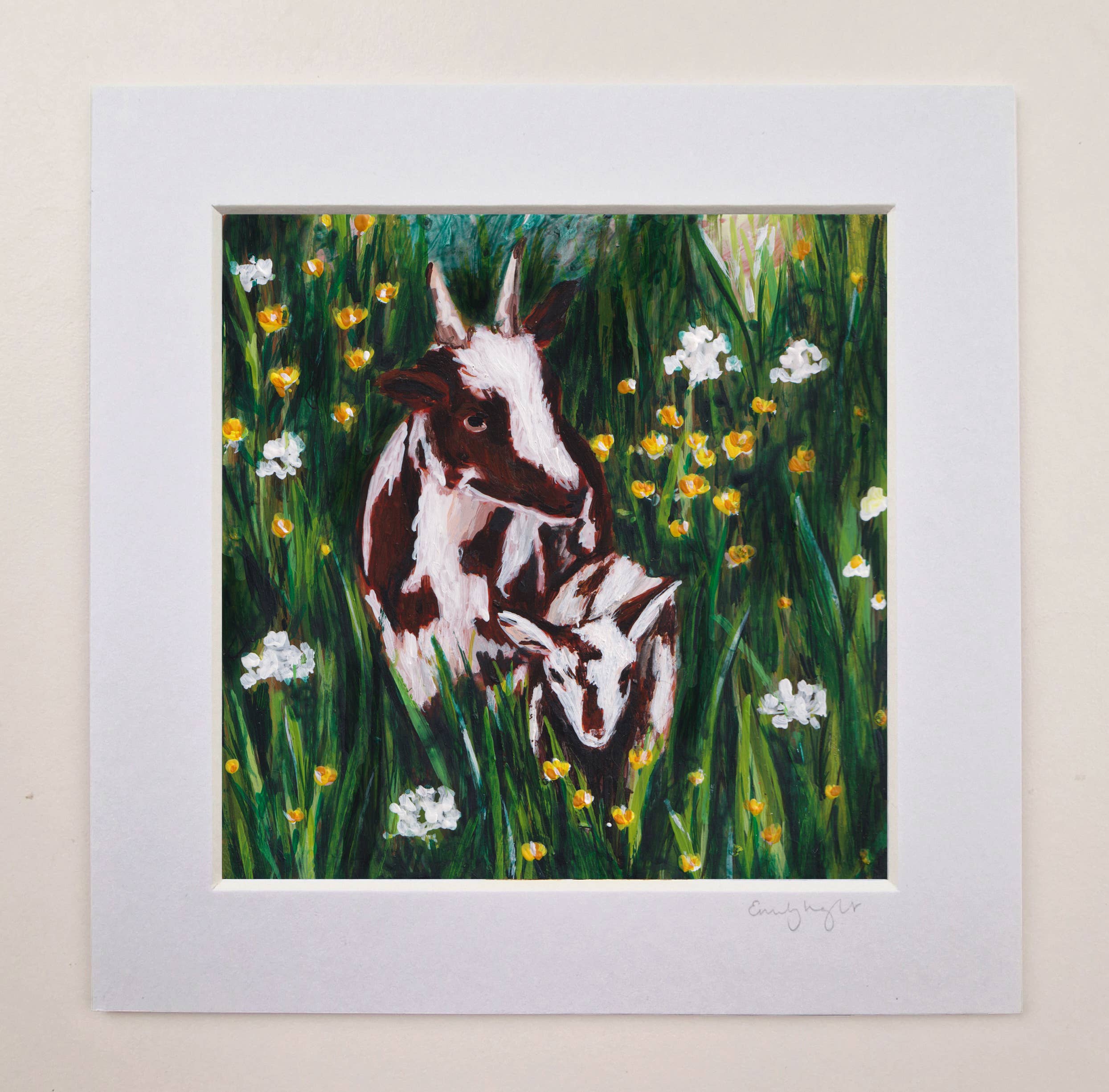 Emily Laura Designs – wholesale Art print – Cottagecore Cotswold Goats in Flower Field Mounted Art Print0