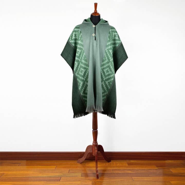 ECUALAMA - Wholesale Poncho - Unisex - Machachi - Lightweight Baby Alpaca Hooded Poncho - Emerald Green - Diamonds Pattern - Unisex