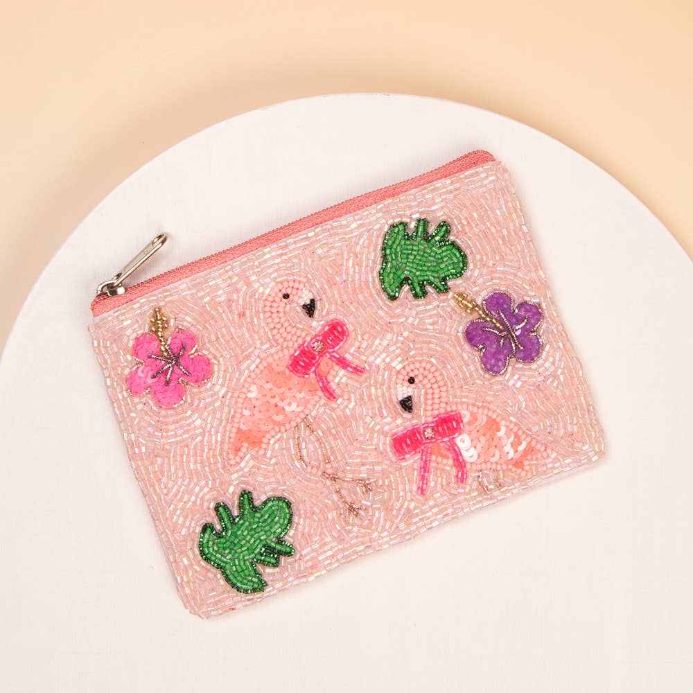 SP Sophia Collection - Wholesale Coin Purse - Women's - Summer Pink Flamingo Beaded Card Coin Bag with Zipper0