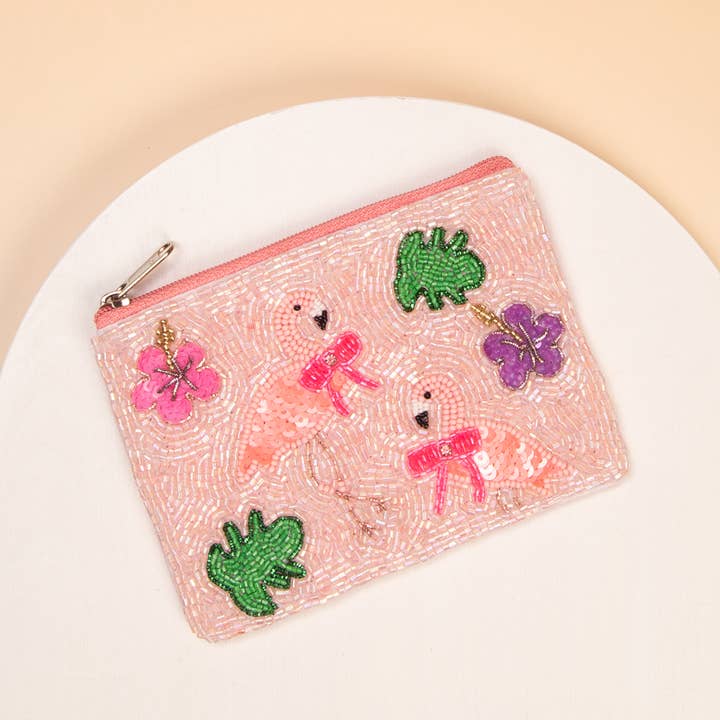 SP Sophia Collection - Wholesale Coin Purse - Women's - Summer Pink Flamingo Beaded Card Coin Bag with Zipper