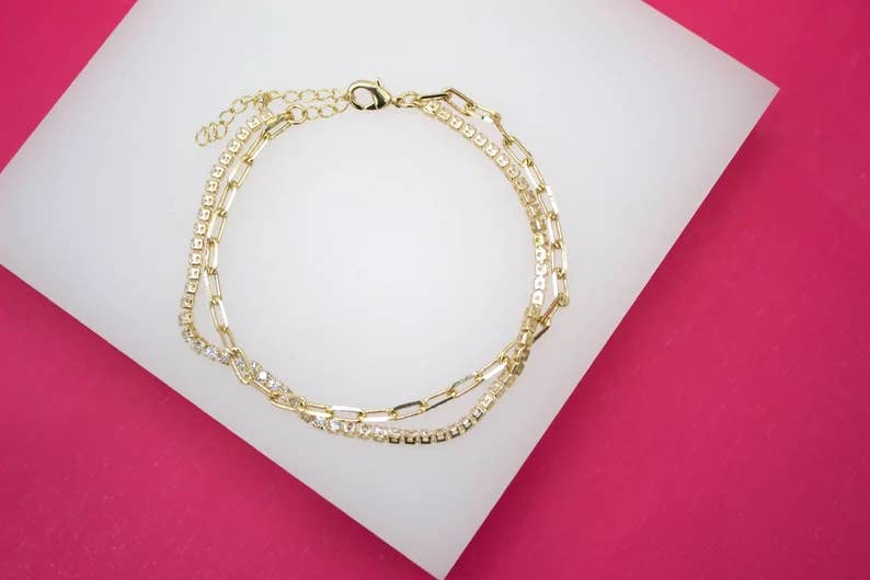 MIA Jewelry - Wholesale Link & Chain Bracelet - 18K Gold Filled Stacked Paperclip Chain CZ Stones Bracelet