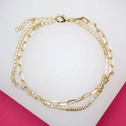 18K goud gevulde gestapelde paperclip ketting CZ stenen armband voor wholesale door MIA Jewelry