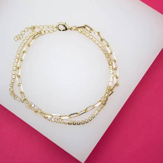 MIA Jewelry - Wholesale Link & Chain Bracelet - 18K Gold Filled Stacked Paperclip Chain CZ Stones Bracelet