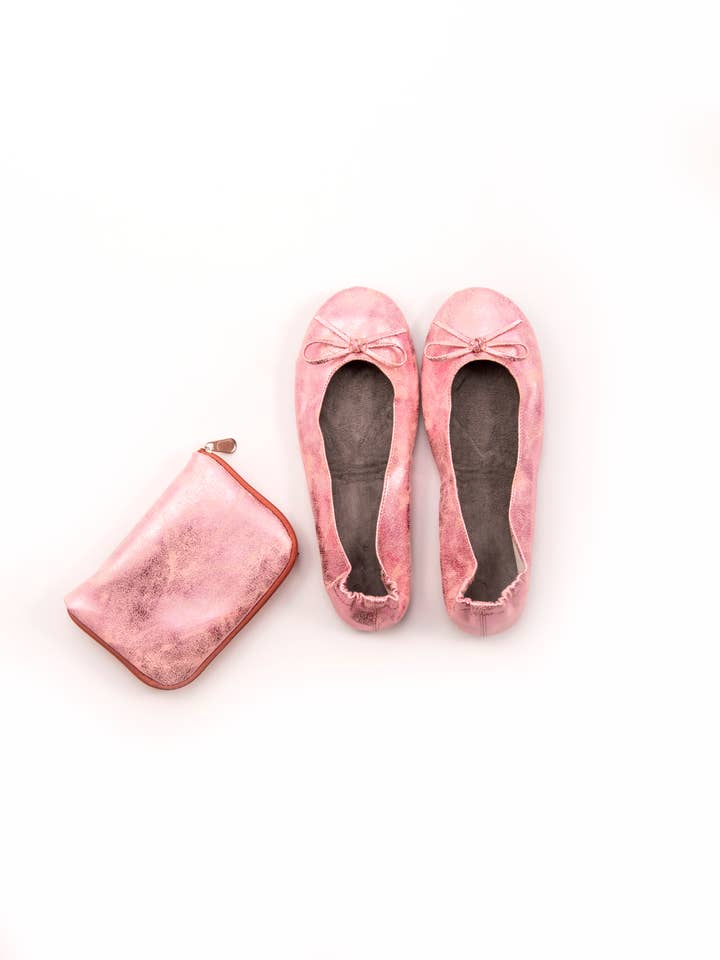Weddingstar Inc. – Großhandel Flache Schuhe – Damen – Faltbare Ballerinas Hochzeit Gunst - Metallic Pink