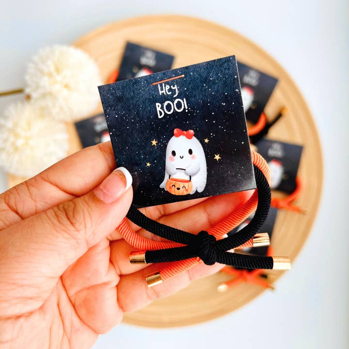 Thank You Gifts "Hey Boo!" Halloween Double Elastic Hair Tie for wholesale by Tiny Gift Society