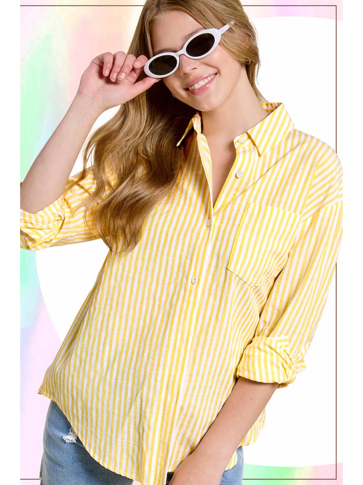La Miel - Wholesale Button Down Shirt - Women's - SRT7903-Collared Contrast Stripe Button Down Shirt6