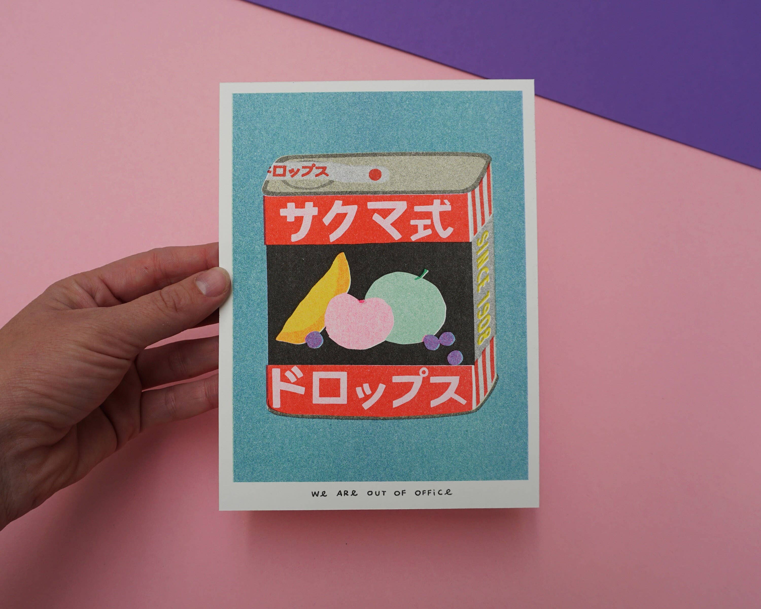 We are out of office – wholesale Art print – A risograph print of a tin can of Sakuma Drops2