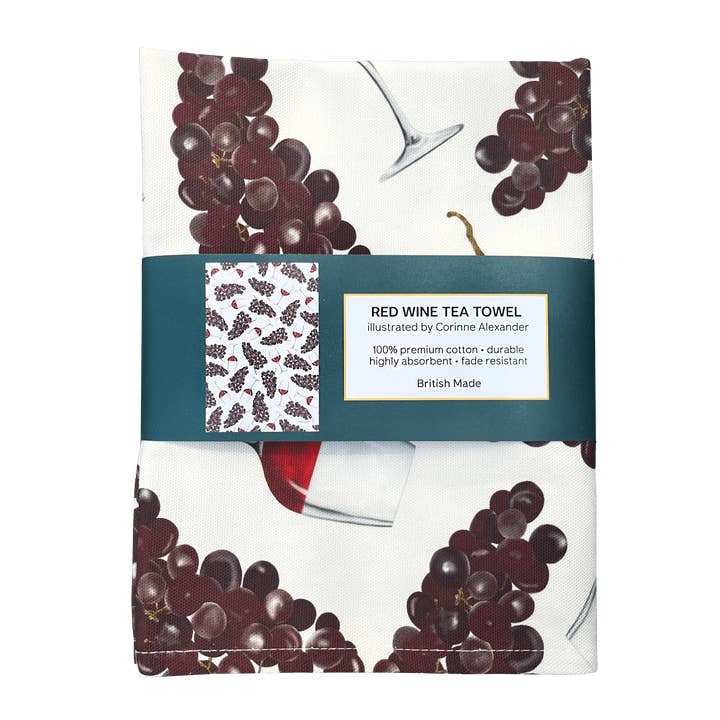 Red Wine & Grape Tea Towel - British Made - 100% Cotton for wholesale by Corinne Alexander