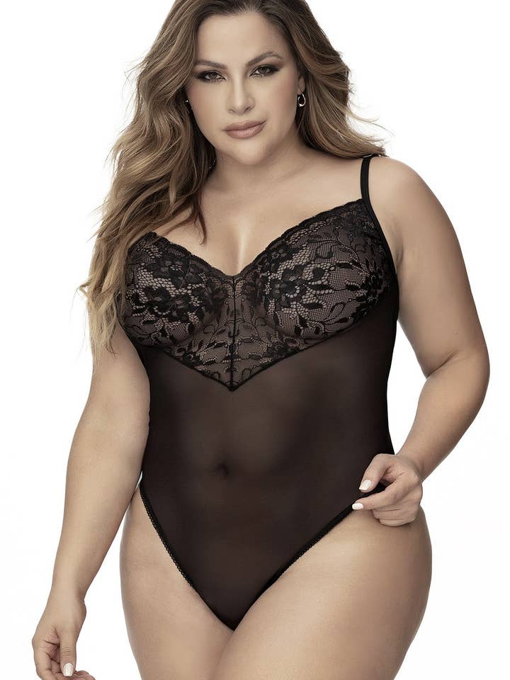 Body de encaje negro y red negra de talla grande para venta al por mayor de Mapalé