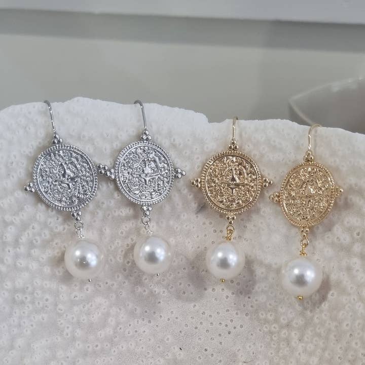PearlGem Designs - Wholesale Dangle earrings - Goddess Greek Coin Shell Pearl Earrings6