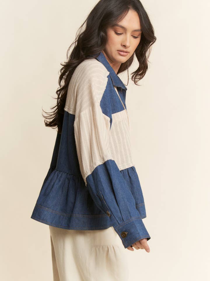 CREAM DENIM BLUE CHAMBRAY OVERSIZED WOVEN TOP for wholesale on Faire5