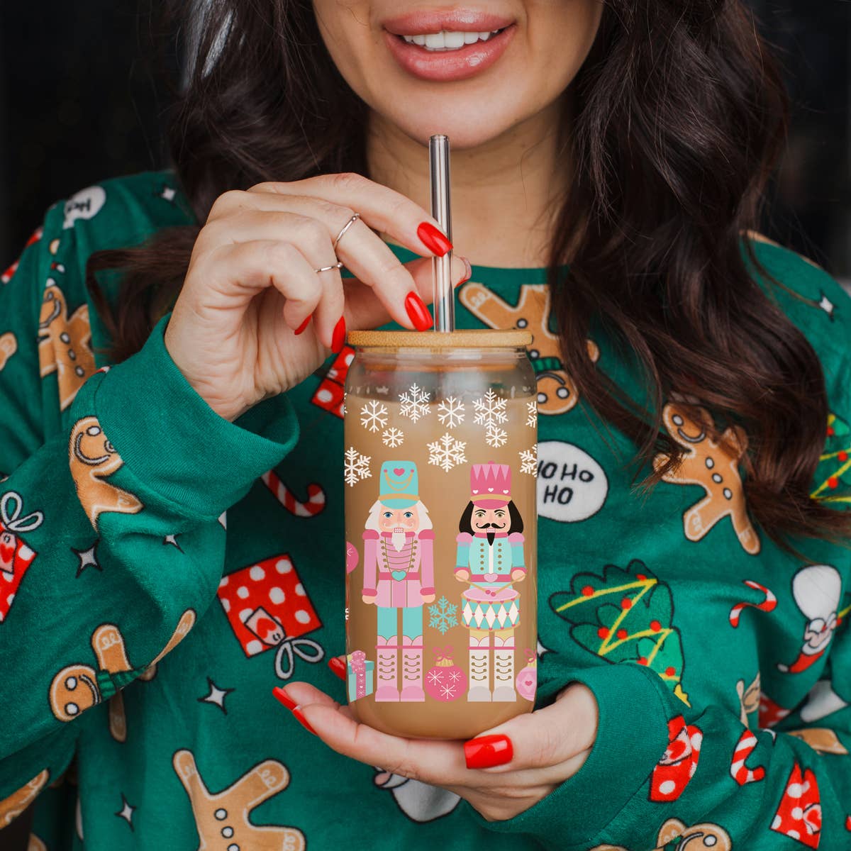 Gia Roma - Wholesale Drinking Glass/Cup - Candy Cane Christmas Can Glass. Cup With Glass Straw & Lid69