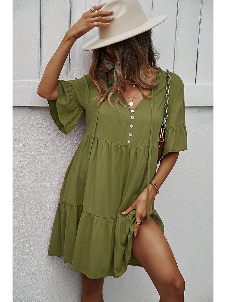 Supreme Fashion – wholesale Dress – Women's – V Neck Flounce Sleeve Ruffle Hem Tie Neck Smock Dress3