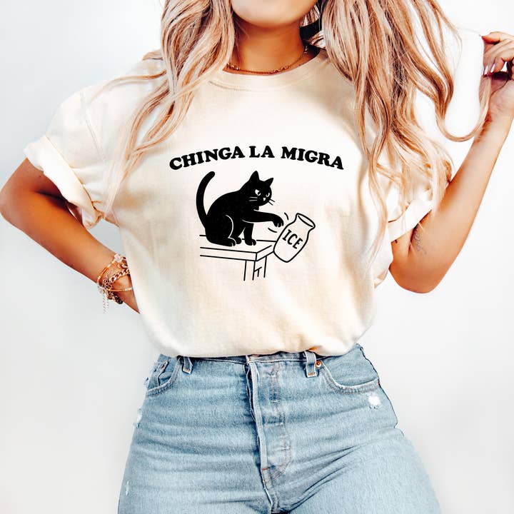 Chinga La Migra Black Cat Shirt, Fuck Ice Middle Finger Tee for wholesale by Teedico