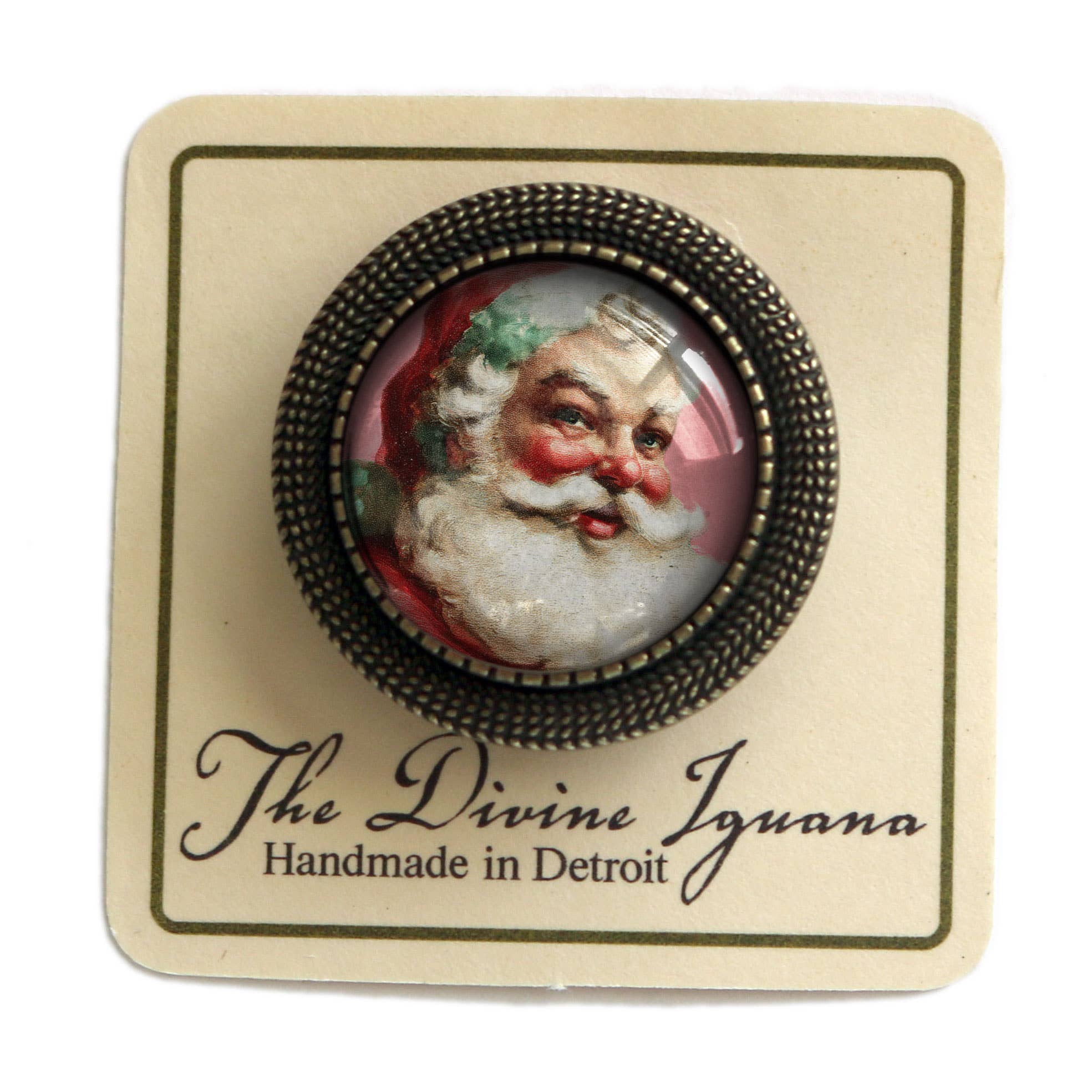 The Divine Iguana - Wholesale Brooch - Pink Christmas Santa ClausBronze and Glass Lever Back Brooch3