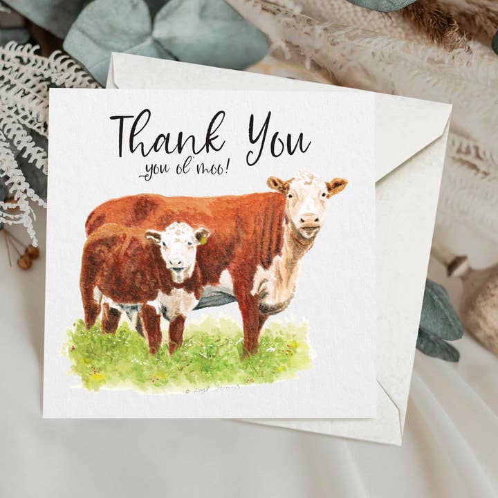 Funny Cow & Calf Thank You Greetings Card | Farm Animals for wholesale by Gemini's Fine Art Studio