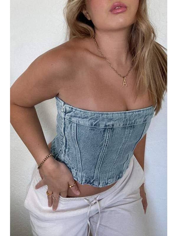BLUE denim bustier tube top for wholesale on Faire2
