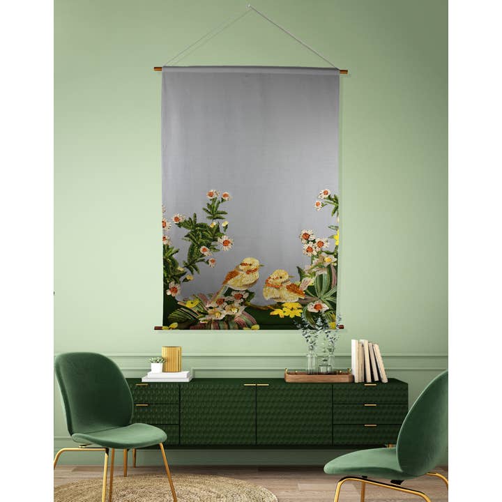 Wall decoration wall hanging birds grey embroidered fabric 90x130 cm for wholesale by Signature Home Collection GmbH