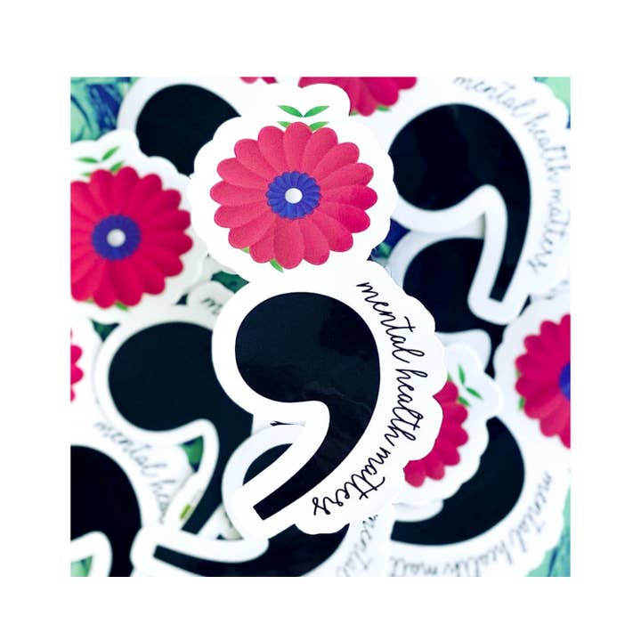 Mental Health Stickers | Flower Semi-Colon Sticker | Mental Health Awareness | Full Positive Sticker | Mental Health Gifts | Water-Resistant for wholesale by Zombie Mama Press