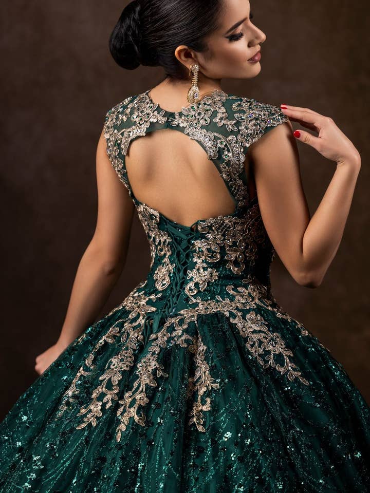 Hunter Green Cap Sleeve Quinceanera Ball Gown for wholesale on Faire1