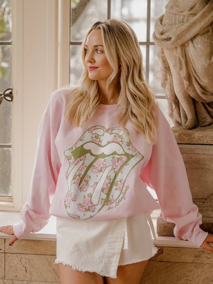 LivyLu - Wholesale Graphic Sweatshirt - Unisex - Rolling Stones Floral Lick Pink Thrifted Graphic Sweatshirt