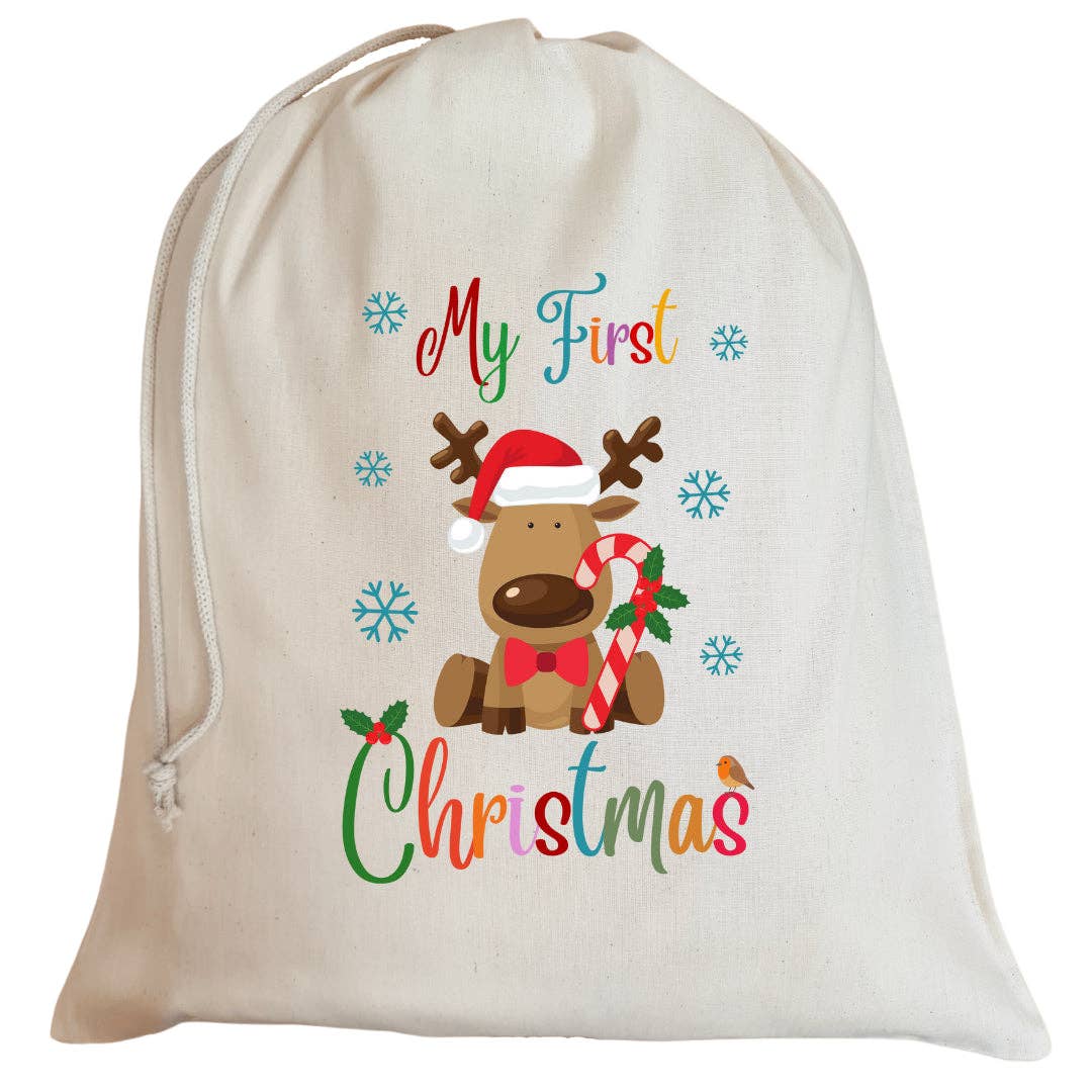 Second Ave Gift Company - Wholesale Christmas Decoration - Second Ave Cute Children's My First Christmas Reindeer Cotton Drawstring Xmas Santa Sack Bag Gift0