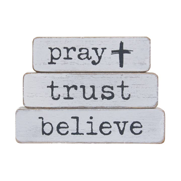 3/Set- Pray Trust Believe Chunky Religious Block for wholesale by The Hearthside Collection