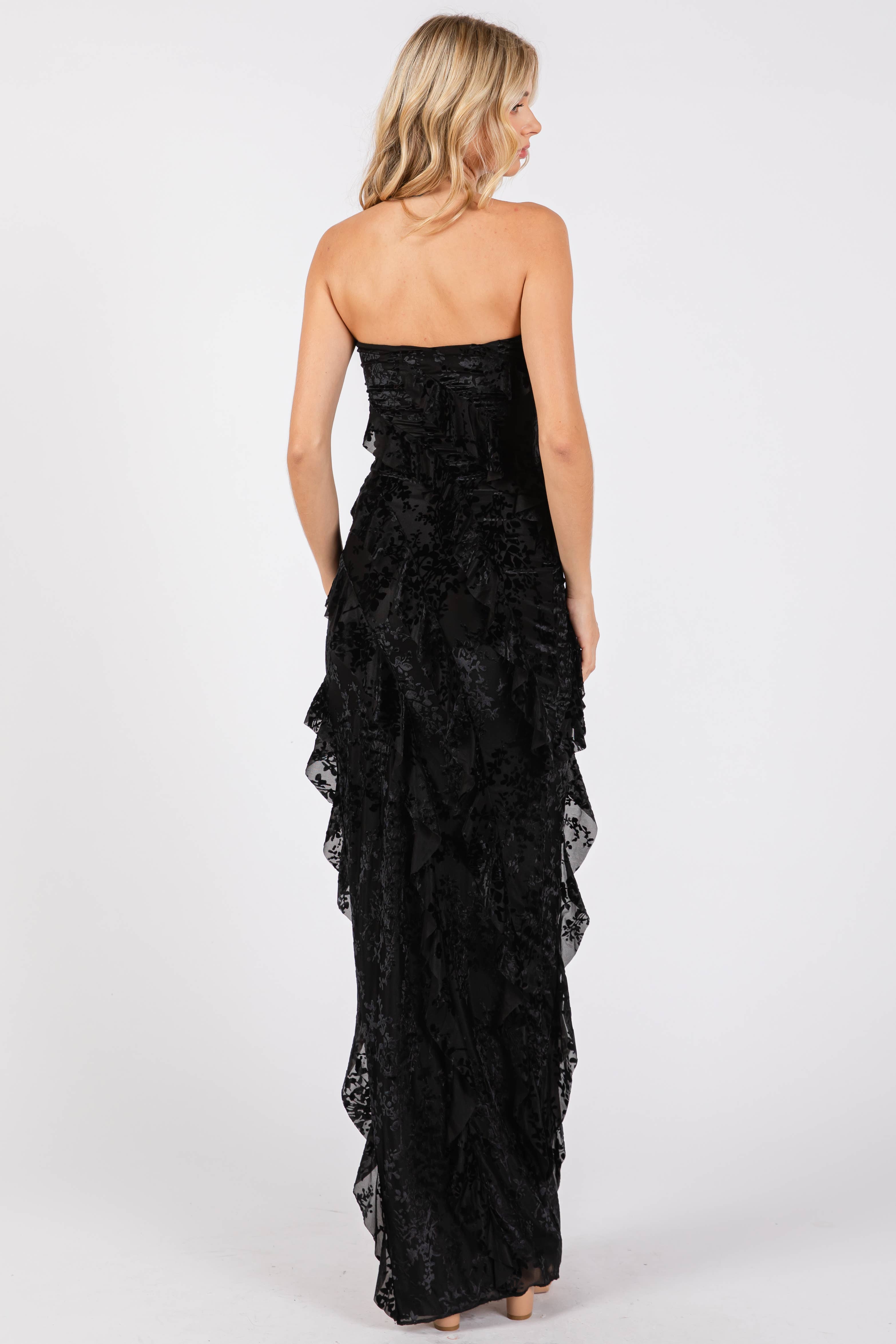 Black VID51523 - VELVET FLORAL PRINT MESH RUFFLED LONG DRESS for wholesale on Faire4