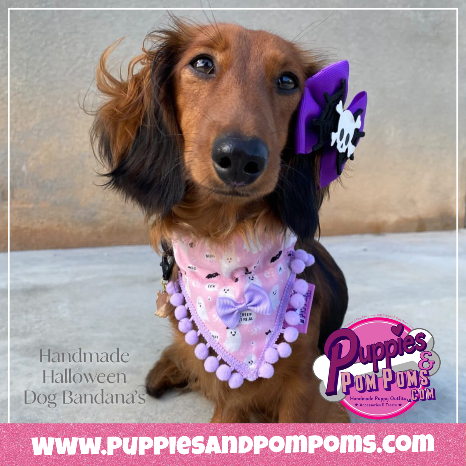 Puppies & Pom Poms - Wholesale Pet Bandana - Dog - Cute Pink Ghosts! Halloween Pompom Dog Bandana1
