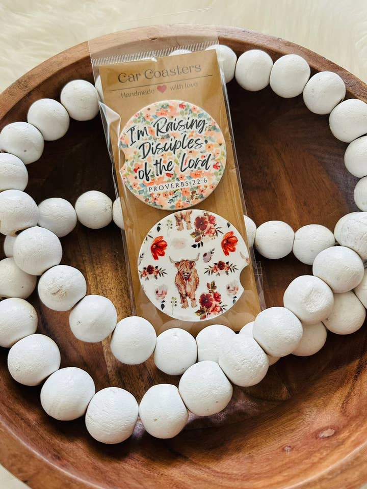 Highland Cows Mama Christian Set of 2 Car Coasters for wholesale by Only Grace Company