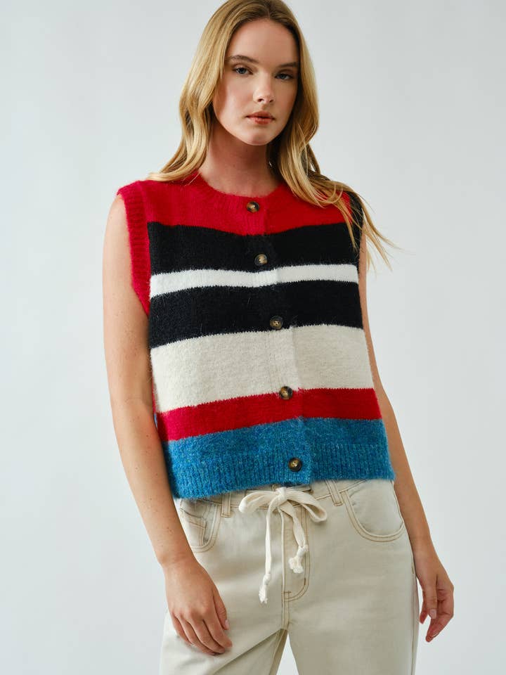 AJT5209 BLØD PULLOVER MULTIFARVET STRIBET SWEATERVEST for engroshandel hos Aaron & Amber