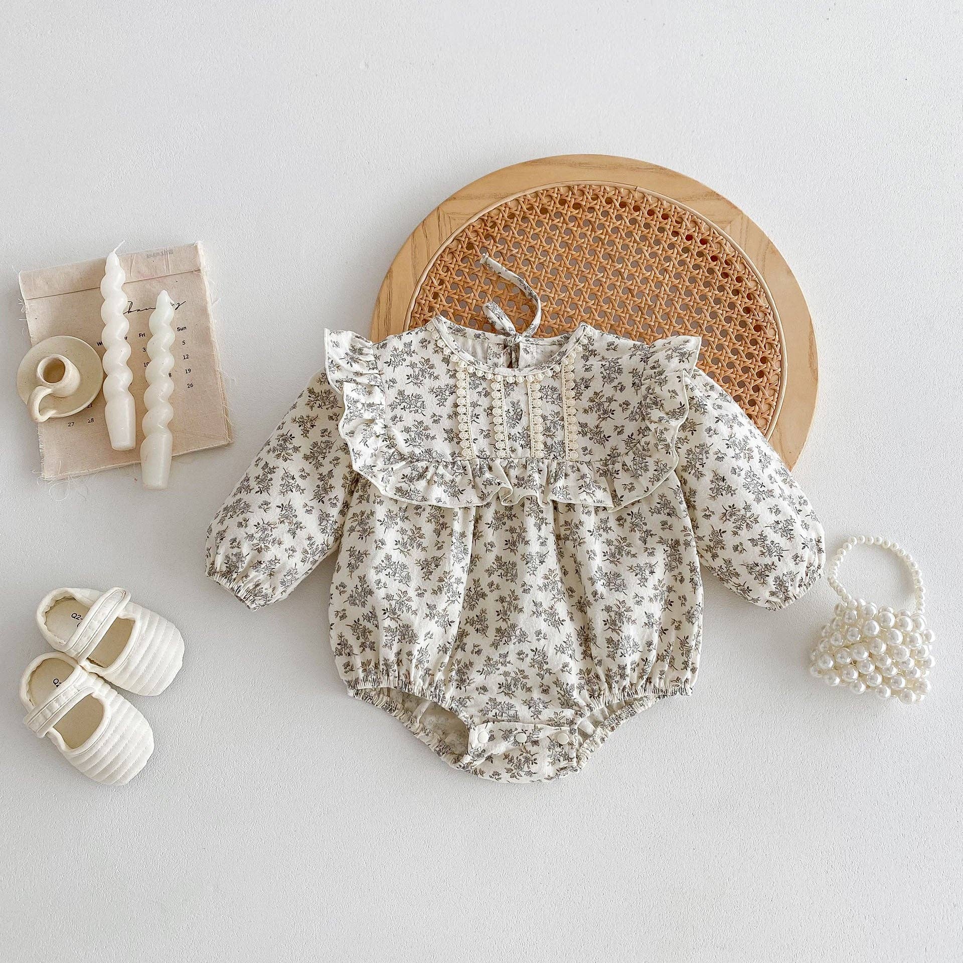 Khaki Spring Arrival Baby Flowers Print Long Sleeves Vintage bodysuit For Girls for wholesale on Faire0