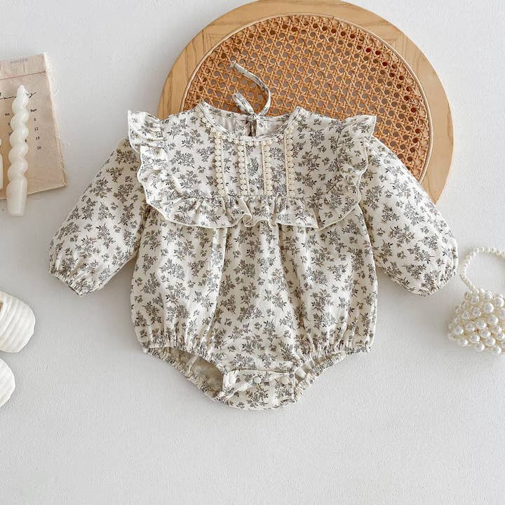 Khaki Spring Arrival Baby Flowers Print Long Sleeves Vintage bodysuit For Girls for wholesale on Faire0