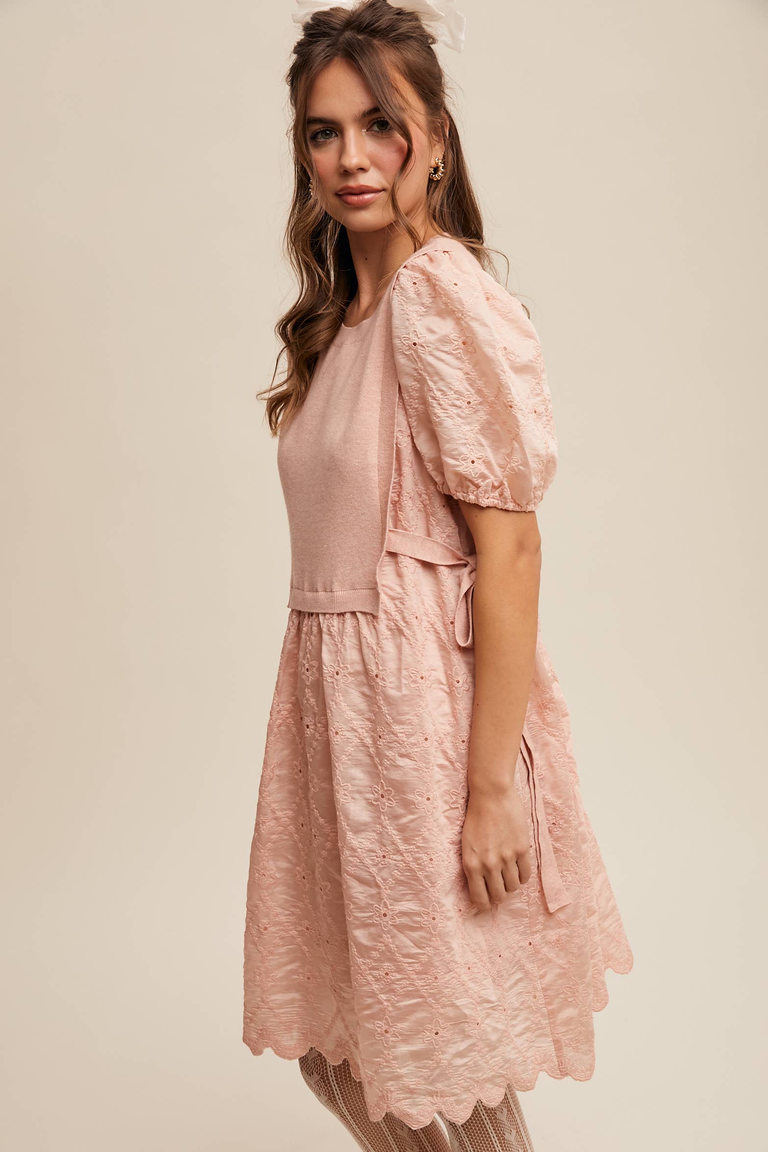 Listicle - Wholesale Dress - Women's - Embroidered Puff Sleeve Dress with Knit Vest5