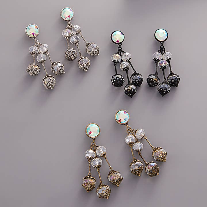 Round Glass Stone Cluster Dangle Chandelier Earrings for wholesale by Sensibling Corp.