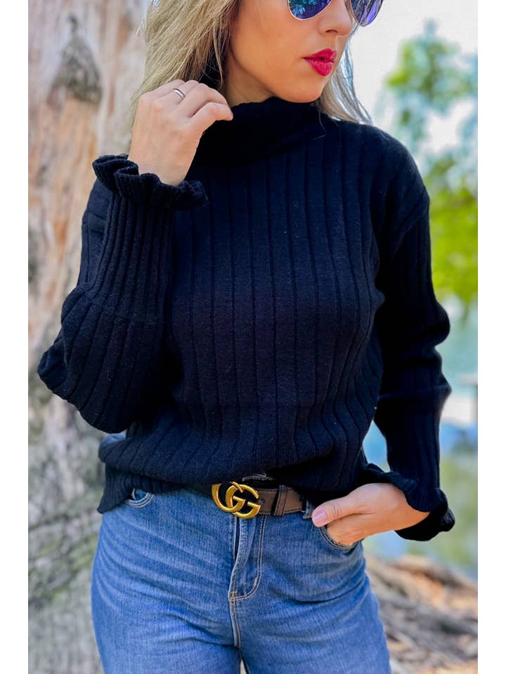 Black Ruffle Sleeve Ribbed Turtleneck Knit Sweater for wholesale on Faire