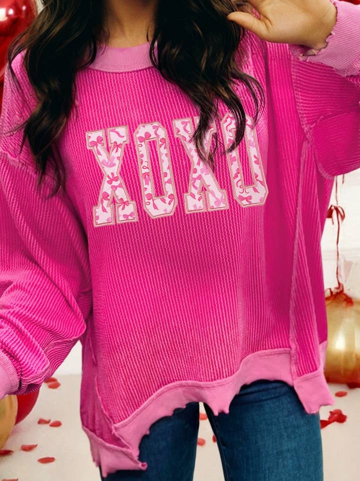 LDC Long Sleeve XOXO Bow Print Embroidered Patch Graphic Top for wholesale by Little Daisy Closet