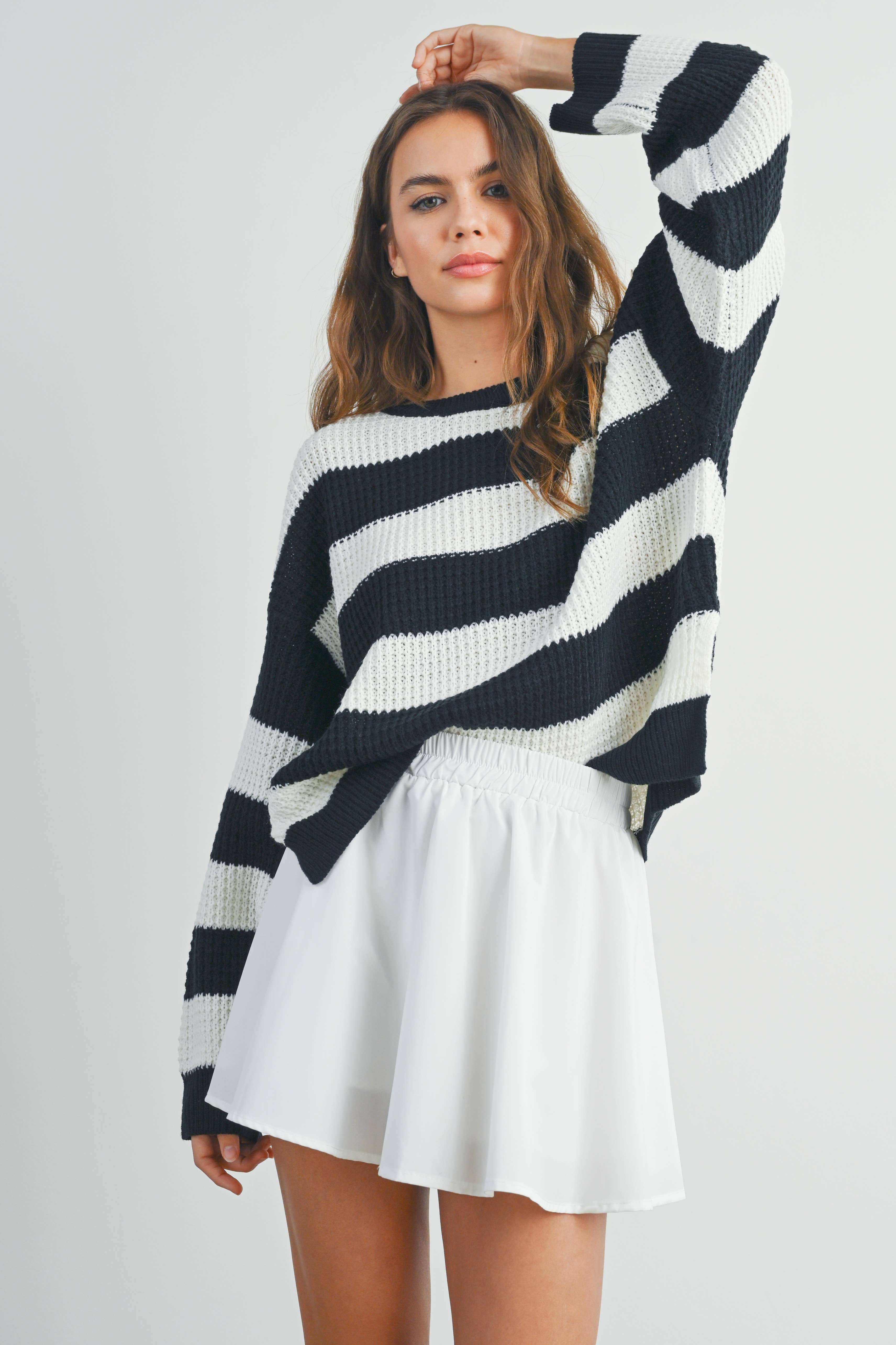 BUTTERMELON - Wholesale Knit Sweater - Women's - Striped Round Neck Long Sleeve Sweater - BMW73290
