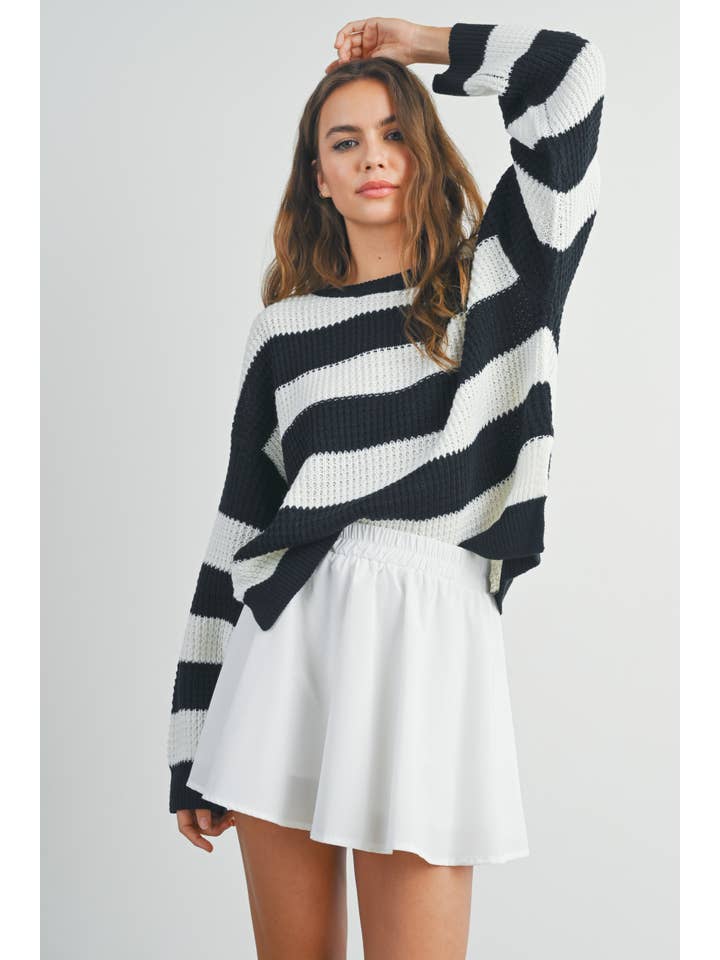 BUTTERMELON - Wholesale Knit Sweater - Women's - Striped Round Neck Long Sleeve Sweater - BMW7329