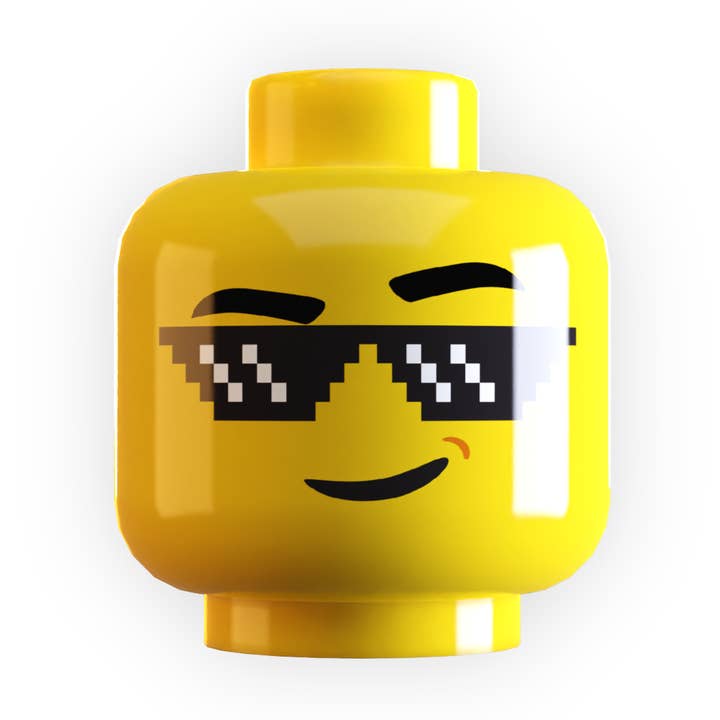 Yellow Flesh Deal w/ It Pixelated Sunglasses on Minifig Head made using LEGO part for wholesale on Faire0
