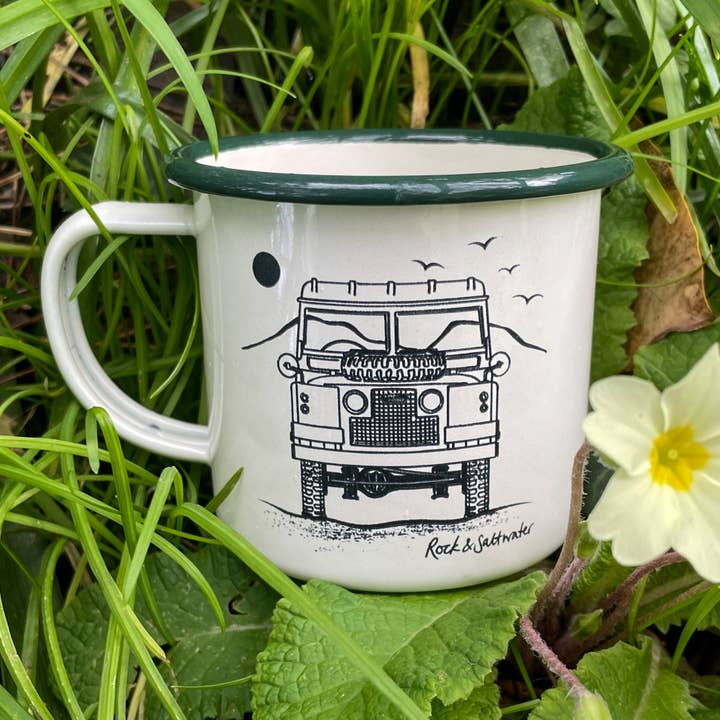 Rock & Saltwater – wholesale Coffee mug – Land Rover front view with mountain enamel mug
