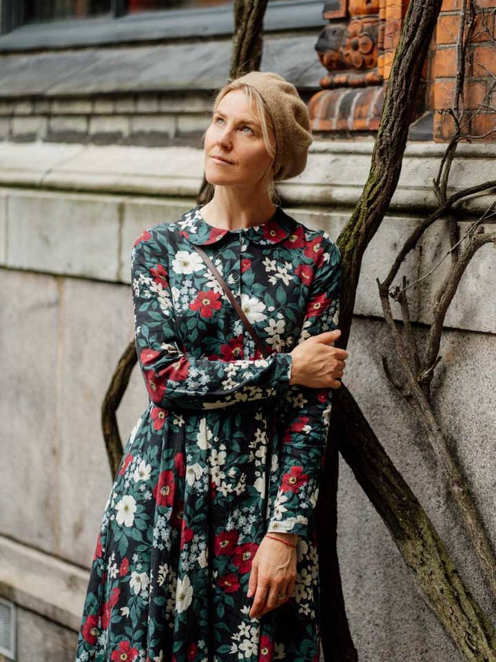 Night Garden Classic – Midi Linen Dress with Peter Pan Collar for wholesale on Faire11