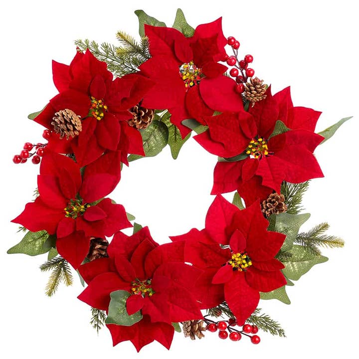 Silk Flower Depot - Wholesale Wreath - 24" Velvet Poinsettia/Berry/Pine Cone/Pine WreathRed