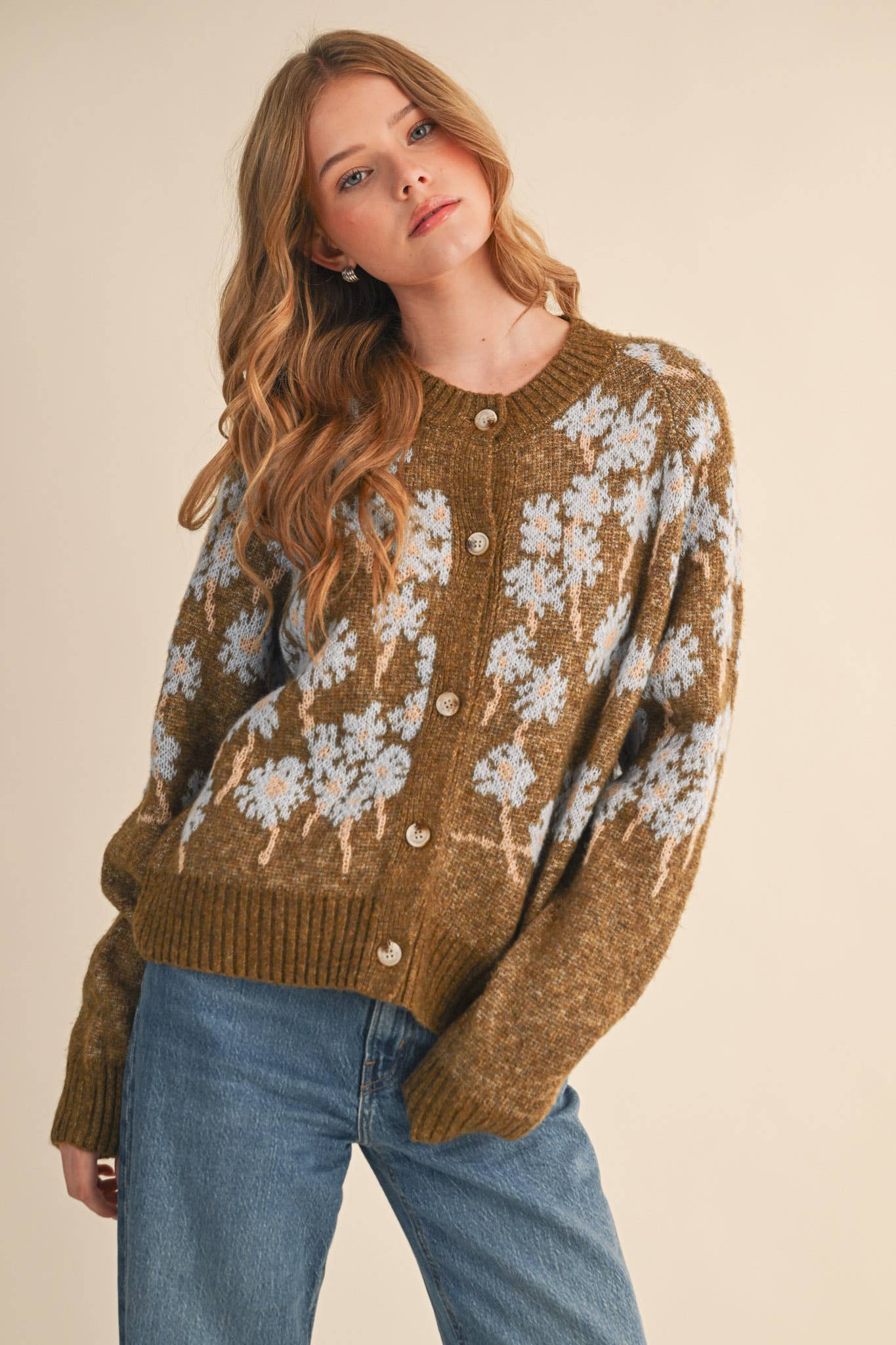 &MERCI - Wholesale Cardigan - Women's - FLORAL KNIT BUTTON DOWN SWEATER CARDIGAN MSW1123851